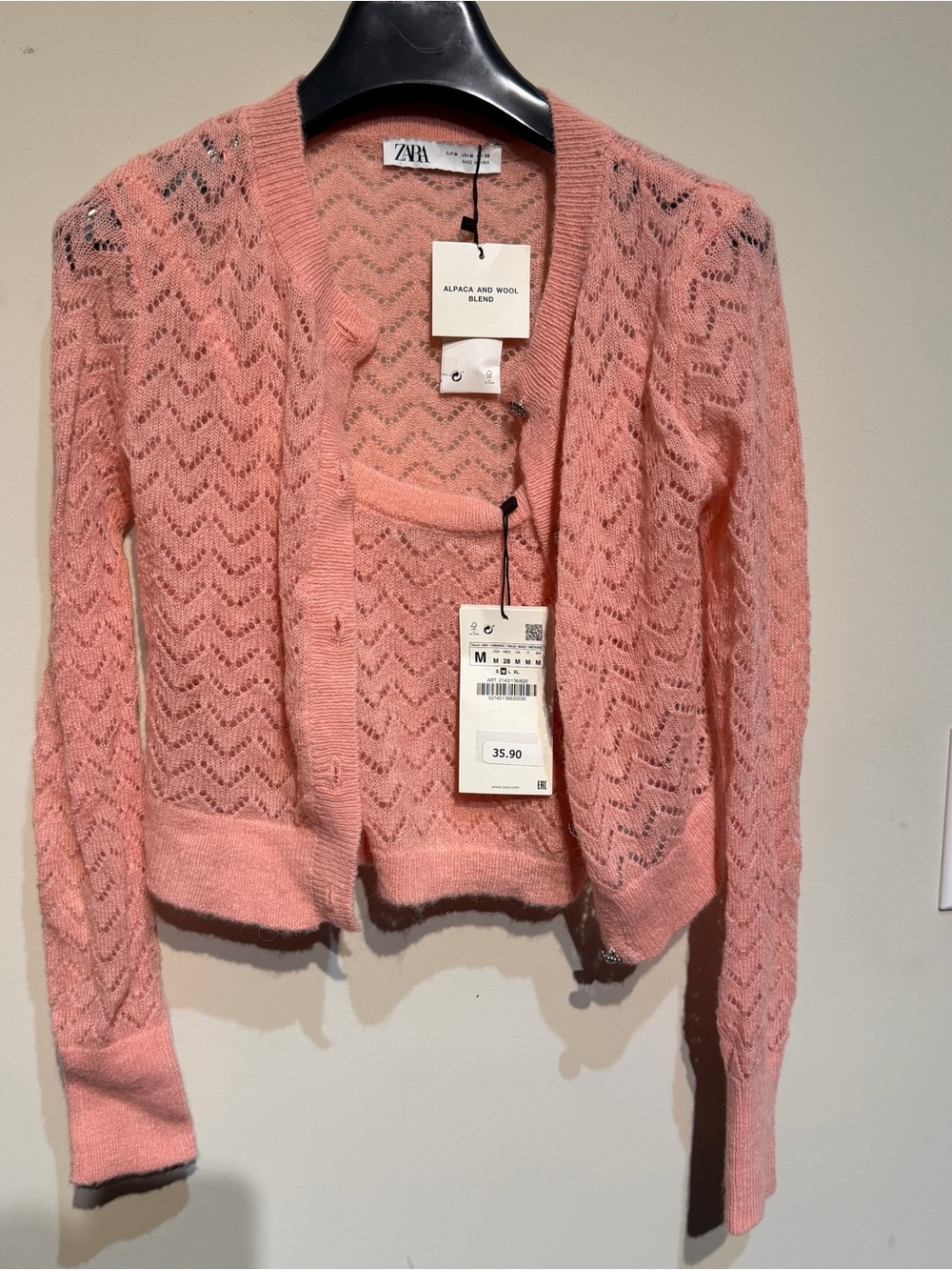 Zara Women’s Pink Alpaca Blend Openwork Cardigan Sweater + Top set